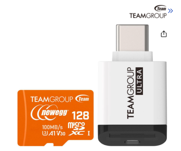 TEAMGROUP x Newegg 128GB microSDXC UHS-I U3, V30, A1 Memory card with Ultra CR I Reader, Speed Up to 100MB/s (TUSDX128GIV30A172)