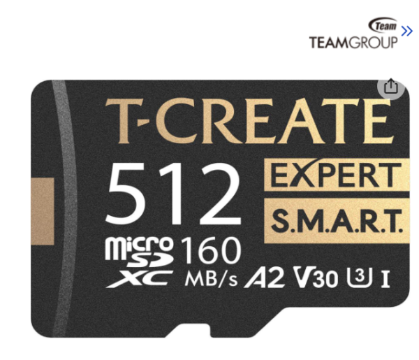 TEAMGROUP 512GB T-Create Expert S.M.A.R.T Monitored A2 microSDXC UHSI-I/U3 V30 4K High speed memory card with adapter, Compatible with GoPro, Insta360, Speed up to 160MB/s (TTCS512GIA2V3003)