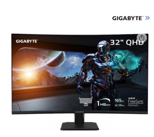 GIGABYTE - GS32QC - 32" VA Curved Gaming Monitor - QHD 2560x1440 - 165Hz/OC 170Hz - 1ms MPRT - AMD FreeSync Premium - HDMI, DP - Black