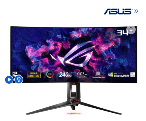 ASUS 34" 240 Hz OLED UWQHD Curved Gaming Monitor NVIDIA G-Sync 3440 x 1440 (2K) DCI-P3 99% sRGB 135% ROG Swift OLED PG34WCDM