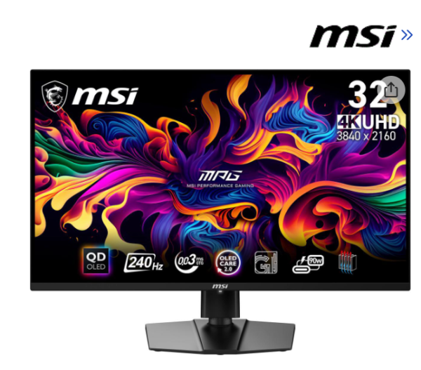 MSI MPG 321URX QD-OLED 32" 16:9, QD-OLED Gaming Monitor, 240Hz 0.03ms, 3840 x 2160 (UHD), Height Adjustable Arm, RGB, AI ENGINE