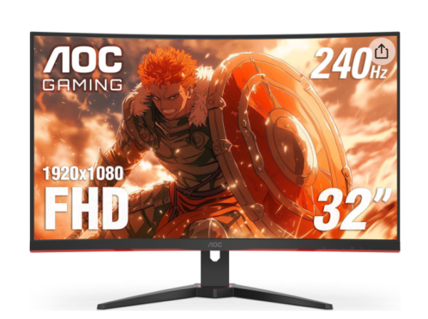 AOC C32G2ZE 32" Curved Frameless Gaming Monitor, Full HD 1920x1080, VA, 0.5ms 240Hz, AMD FreeSync Premium, DP/HDMI/VGA, VESA, 3-3-1 Re-Spawn Program, Xbox PS5 Switch, Black