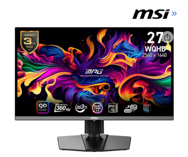 MSI MPG 271QRX QD-OLED 27" 16:9, QD-OLED Gaming Monitor, 360Hz 0.03ms, 2560 x 1440 (WQHD), Height Adjustable Arm, RGB, AI ENGINE