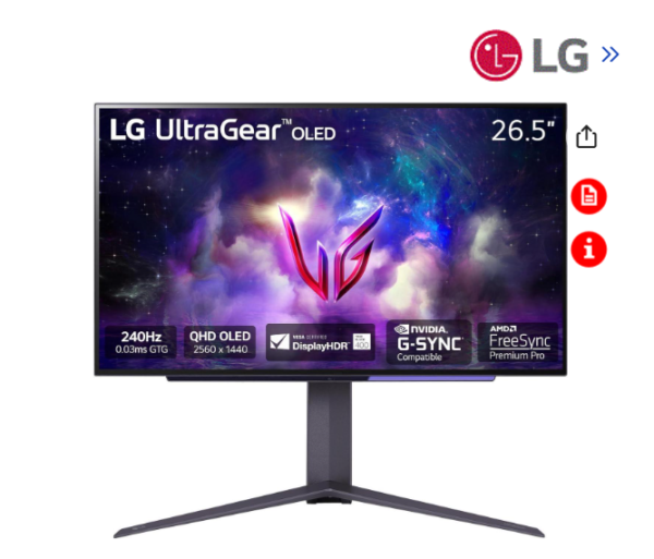 LG 27" (26.5" Viewable) 240 Hz OLED QHD Gaming Monitor FreeSync Premium Pro & G-Sync Compatible 2560 x 1440 (2K) DCI-P3 98.5% (CIE1976) UltraGear 27GS95QE-B