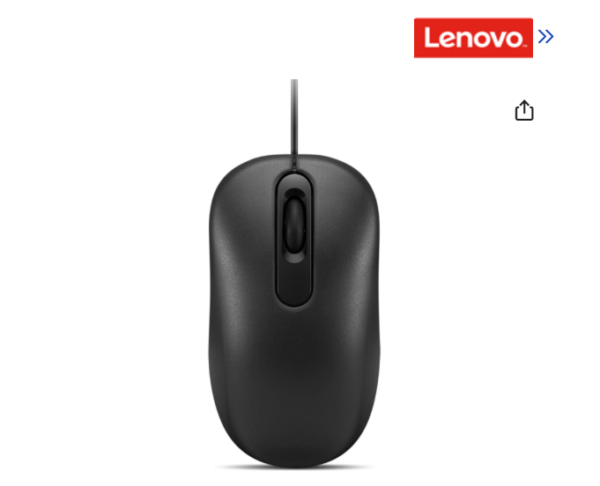 Lenovo 100 Wired USB Computer Mouse for PC, Laptop, Computer with Windows - Full-Size - Ambidextrous Design - 3 Buttons - Red Optical Sensor - Black