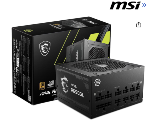 MSI - MAG A650GL, 80 GOLD Fully Modular Gaming PSU, 650W Power Supply, 10 Year Warranty