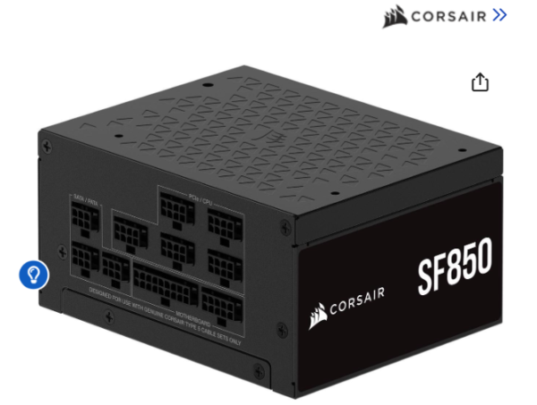 Corsair SF Series (2024) SF850, 80 PLUS Platinum, Fully Modular SFX Power Supply, CP-9020256-NA