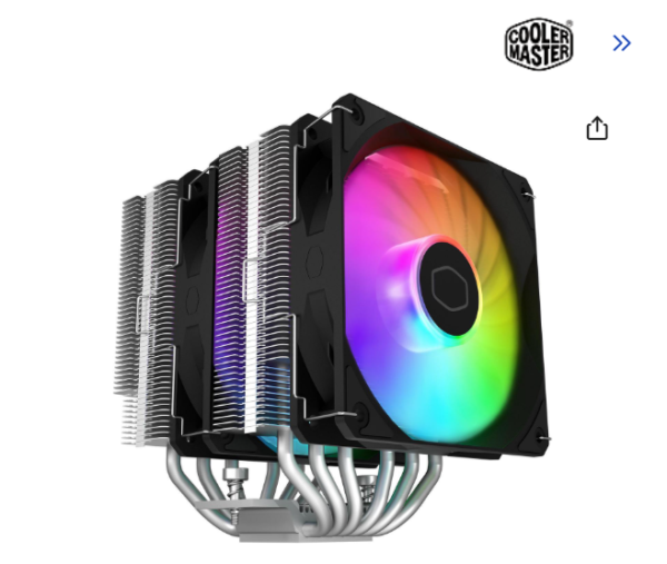 Cooler Master Hyper 620S Dual Tower CPU Air Cooler, ARGB Sync, 120mm PWM Fan, 6 Copper Direct Contact Heat Pipes, 154.9mm Tall, Brackets AMD Ryzen AM5/AM4, Intel LGA 1851/1700/1200 (RR-D6NA-17PA-R1)