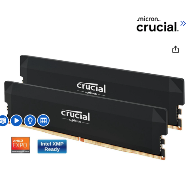 Crucial Pro Overclocking 32GB (2 x 16GB) DDR5 6000 (PC5 48000) Desktop Memory Model CP2K16G60C36U5B